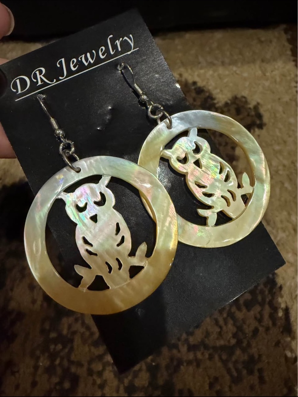Hand Crafted Mother of Pearl Owl Hoop Earrings
